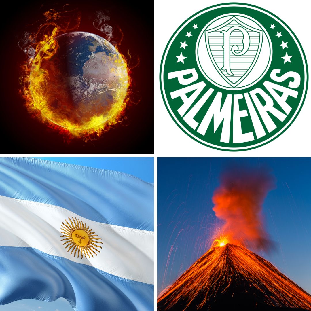 Montagem com imagens de aquecimento global, Palmeiras, Argentina, vulcão em erupção.