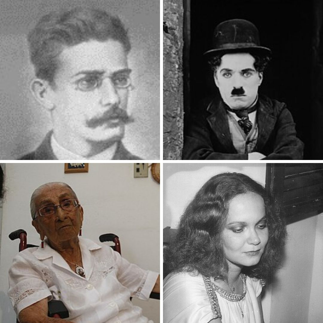 'Montagem com as fotos de Raul Pompeia, Charlie Chaplin, Dona Canô e Lucila Nogueira.'