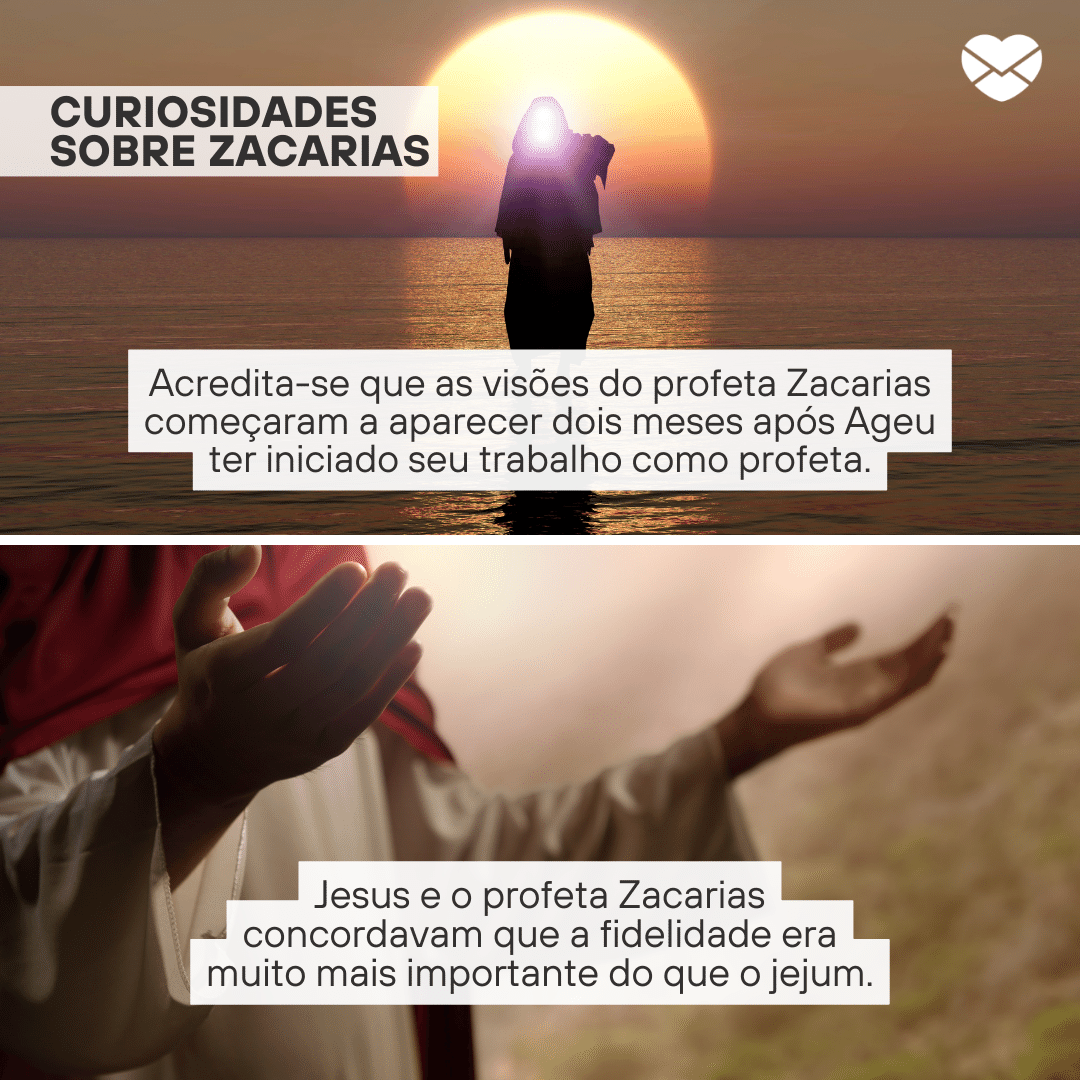 'Curiosidades sobre Zacarias. 1- Acredita-se que as visões do profeta Zacarias começaram a aparecer dois meses após Ageu ter iniciado seu trabalho como profeta. 2- Jesus e o profeta Zacarias concordavam que a fidelidade era muito mais importante do que o jejum.' - Livro de Zacarias