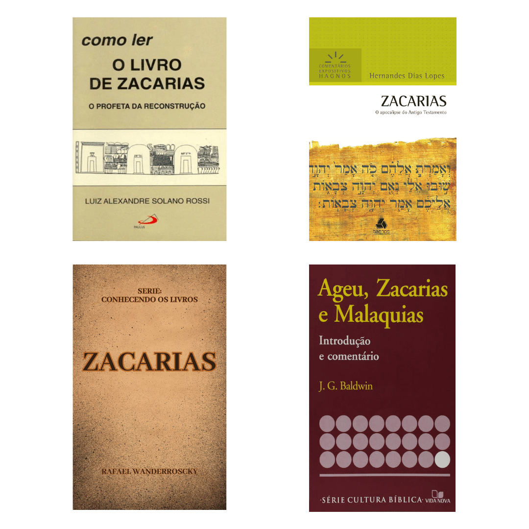 '1. 'Como Ler o Livro de Zacarias: o Profeta da Reconstrução', por Luiz Alexandre Solano Rossi.2. 'Zacarias - Comentários Expositivos Hagnos: o Apocalipse do Antigo Testamento', por Hernandes Dias Lopes.3. 'Zacarias (Conhecendo os Livros)', por Rafael Wanderroscky.4. 'Série Introdução e Comentário - Ageu, Zacarias e Malaquias - Introdução e Comentário', por J. G. Baldwin.' - Livro de Zacarias