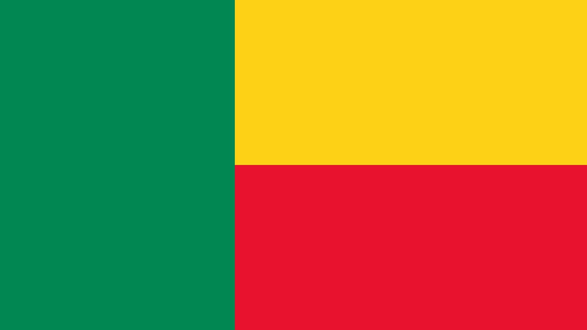 Imagem da bandeira do Benim. As cores são as tradicionais Pan-Africanas. O verde simboliza a esperança, o amarelo simboliza a riqueza e o vermelho simboliza a coragem.