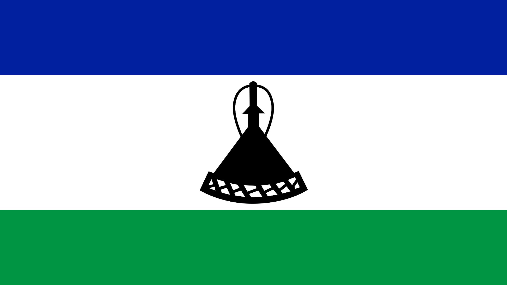 A bandeira de Lesoto possui como características as cores azul, branco e verde divididas horizontalmente com o chapéu negro do partido Basotho no centro.