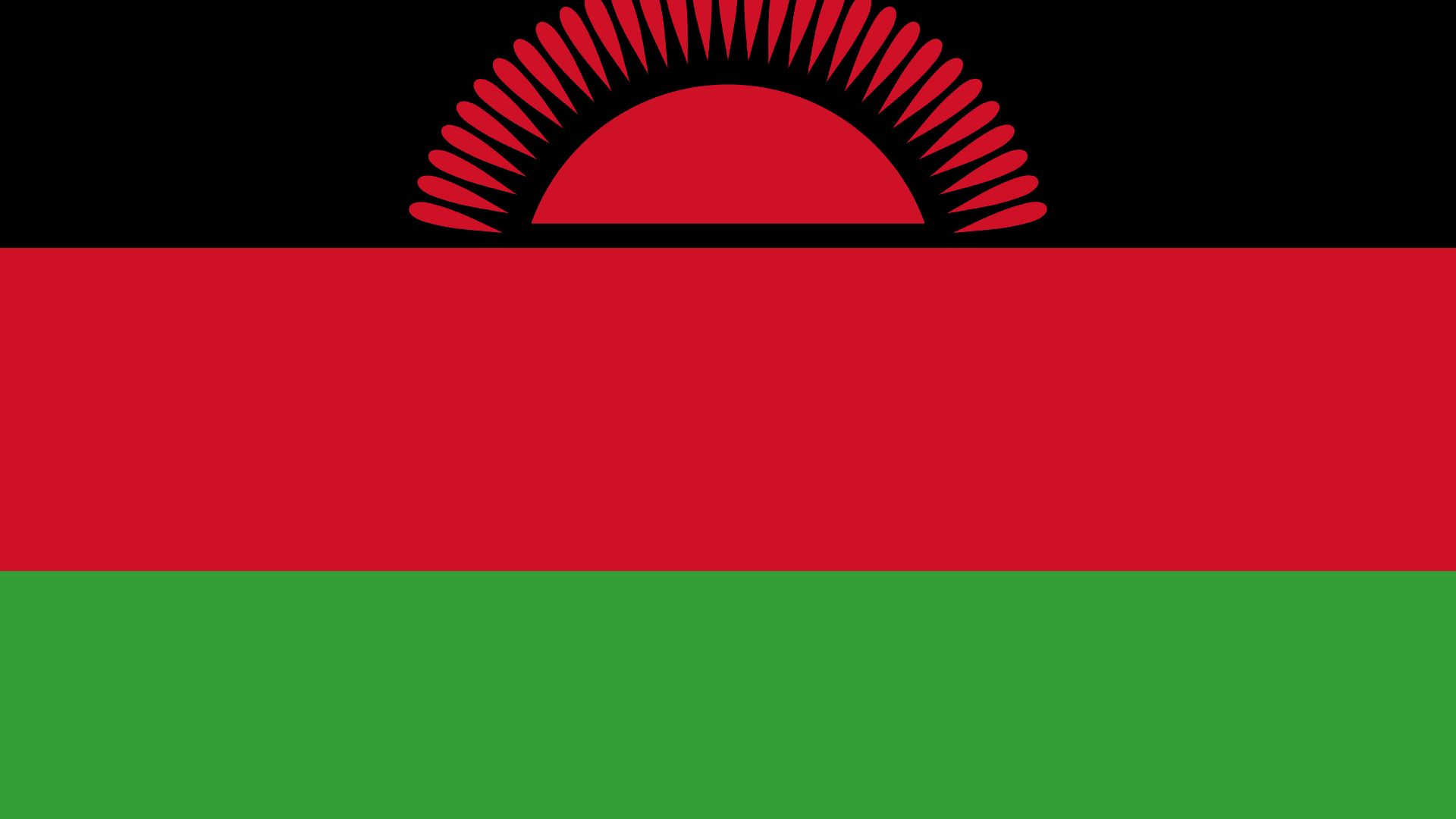 A bandeira possui faixas vermelhas e pretas e um sol vermelho no alto.