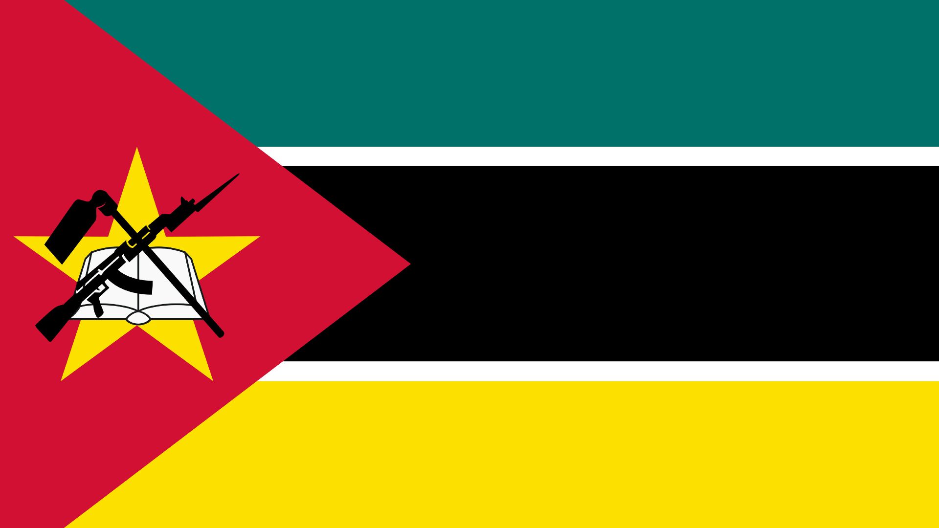 É uma bandeira tricolor (verde, preto e amarelo) com listras brancas e um triângulo vermelho.  A corde verde-azulado representa as riquezas da terra, as bordas brancas significam a paz, o preto representa o continente africano, o amarelo simboliza os minerais do país e o vermelho representa a luta pela independência