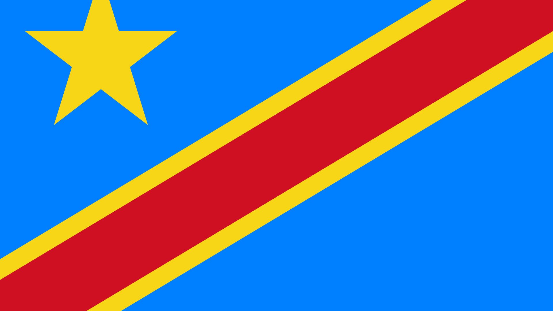Bandeira na cor azul-celeste, adornada com uma estrela amarela no canto superior esquerdo e cortada diagonalmente por uma faixa vermelha com um contorno em amarelo.