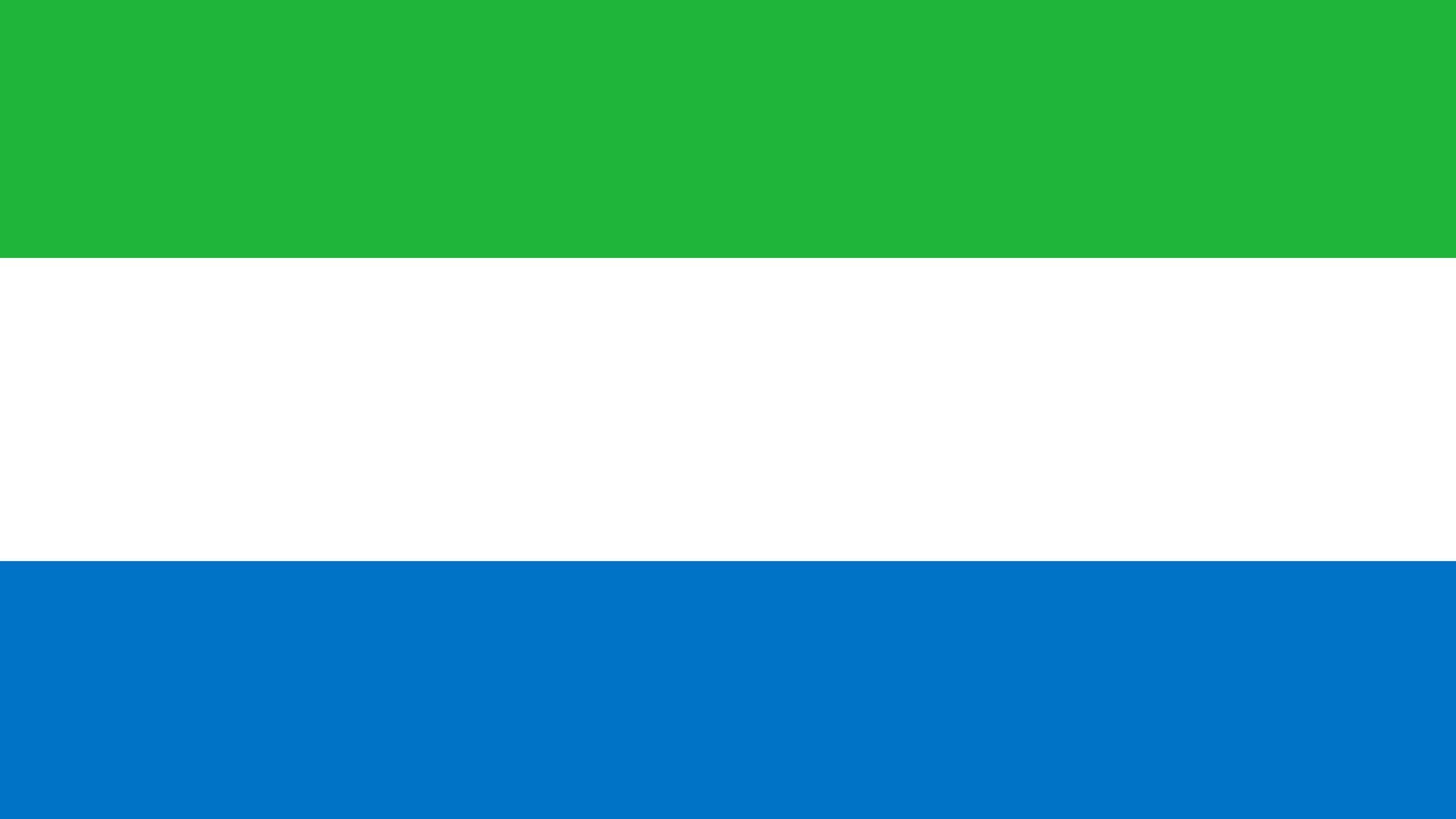 A bandeira da Serra Leoa é composta por três cores: verde, branco e azul.  O verde representa a agricultura. O azul é o símbolo da esperança e o branco representa a unidade e a justiça.