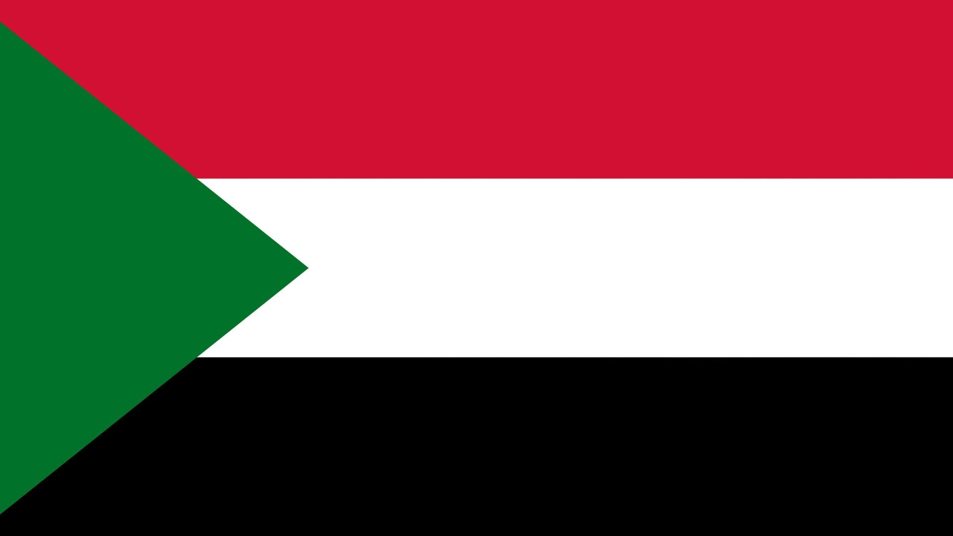 A bandeira do Sudão é composta por três faixas horizontais, nas cores: vermelho, branco e preto e possui um triângulo verde com a base paralela ao eixo.
