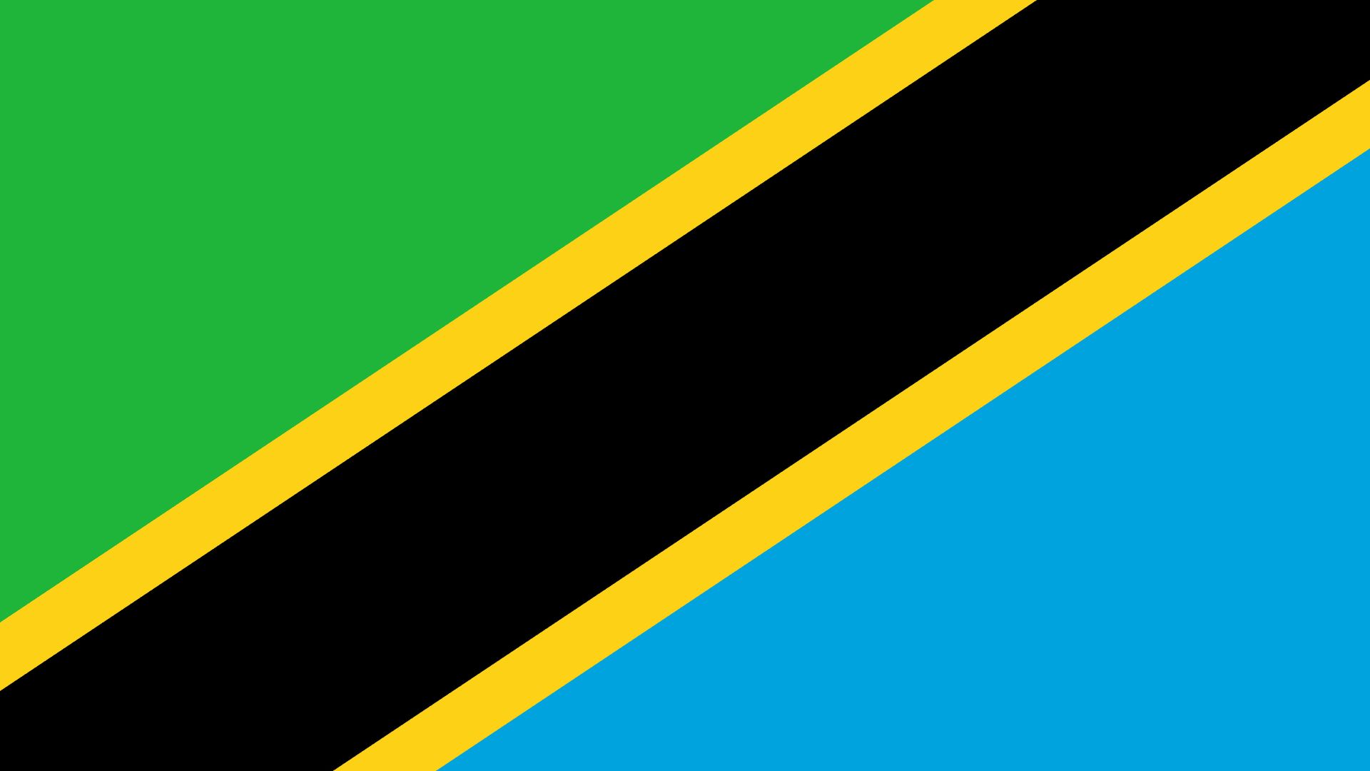 A bandeira da Tanzânia está dividida na diagonal por uma faixa amarela com preto. Ela possui um triângulo superior na cor verde e um triângulo inferior na cor azul. O verde representa a vegetação natural, o amarelo representa os ricos depósitos minerais, o preto representa a cor da pele dos tanzanianos e o azul representa os lagos, os rios e o Oceano Índico.
