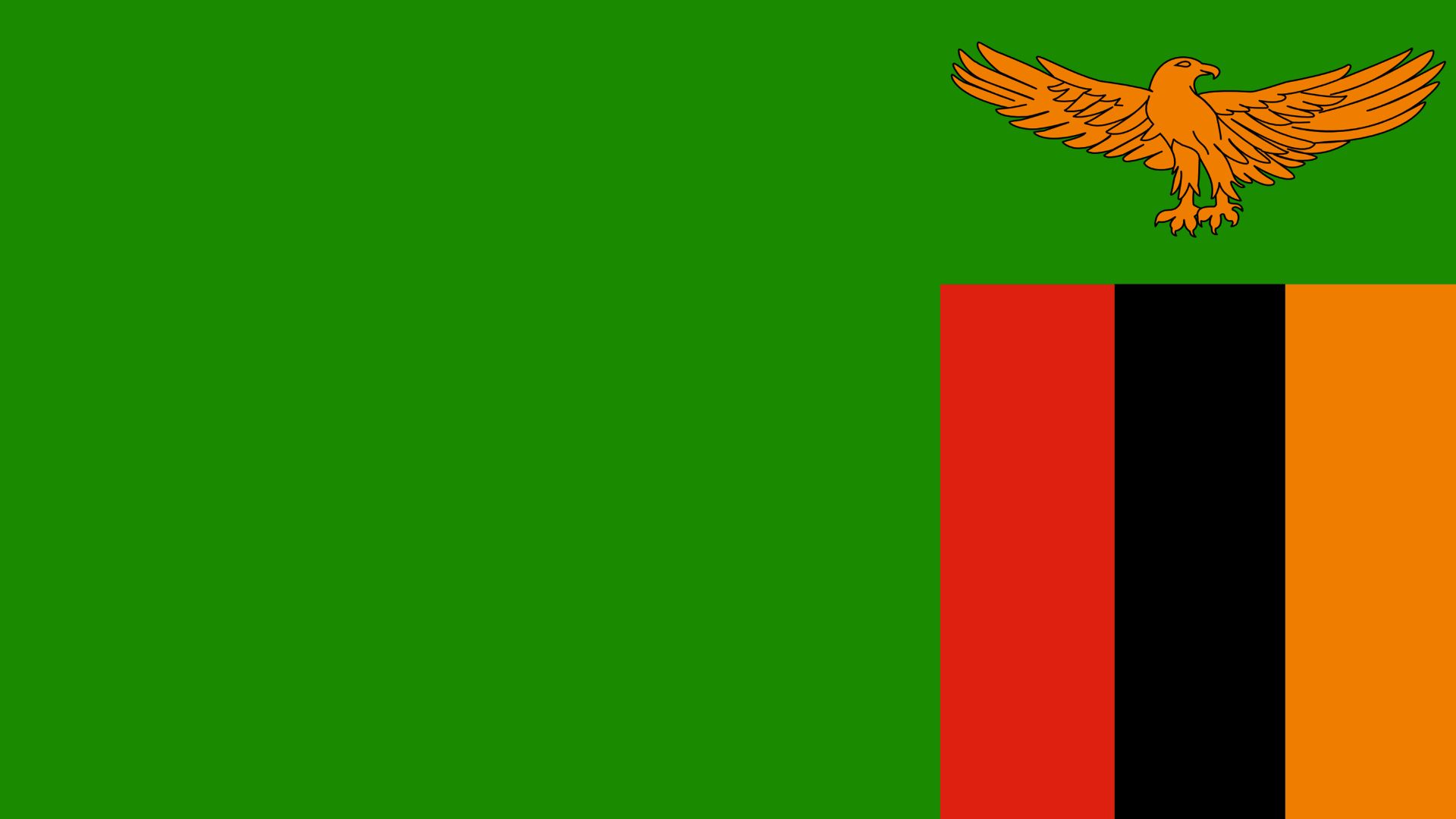 A bandeira da Zâmbia possui 4 cores: verde, vermelho, preto e laranja. A águia, localizada no canto superior direito, representa a garra do povo em seguir em frente apesar dos problemas nacionais.