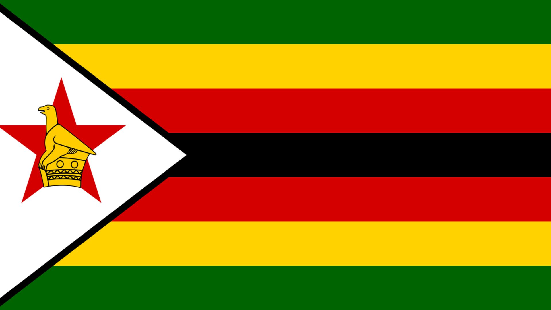 A bandeira  do Zimbabwefoi adotada em 18 de abril de 1980. Ela possui quatro cores: verde, amarelho, vermelho e preto. No lado esquerdo da bandeira, temos a imagem da ave de Zimbábue, uma estrela vermelha e um triângulo branco.