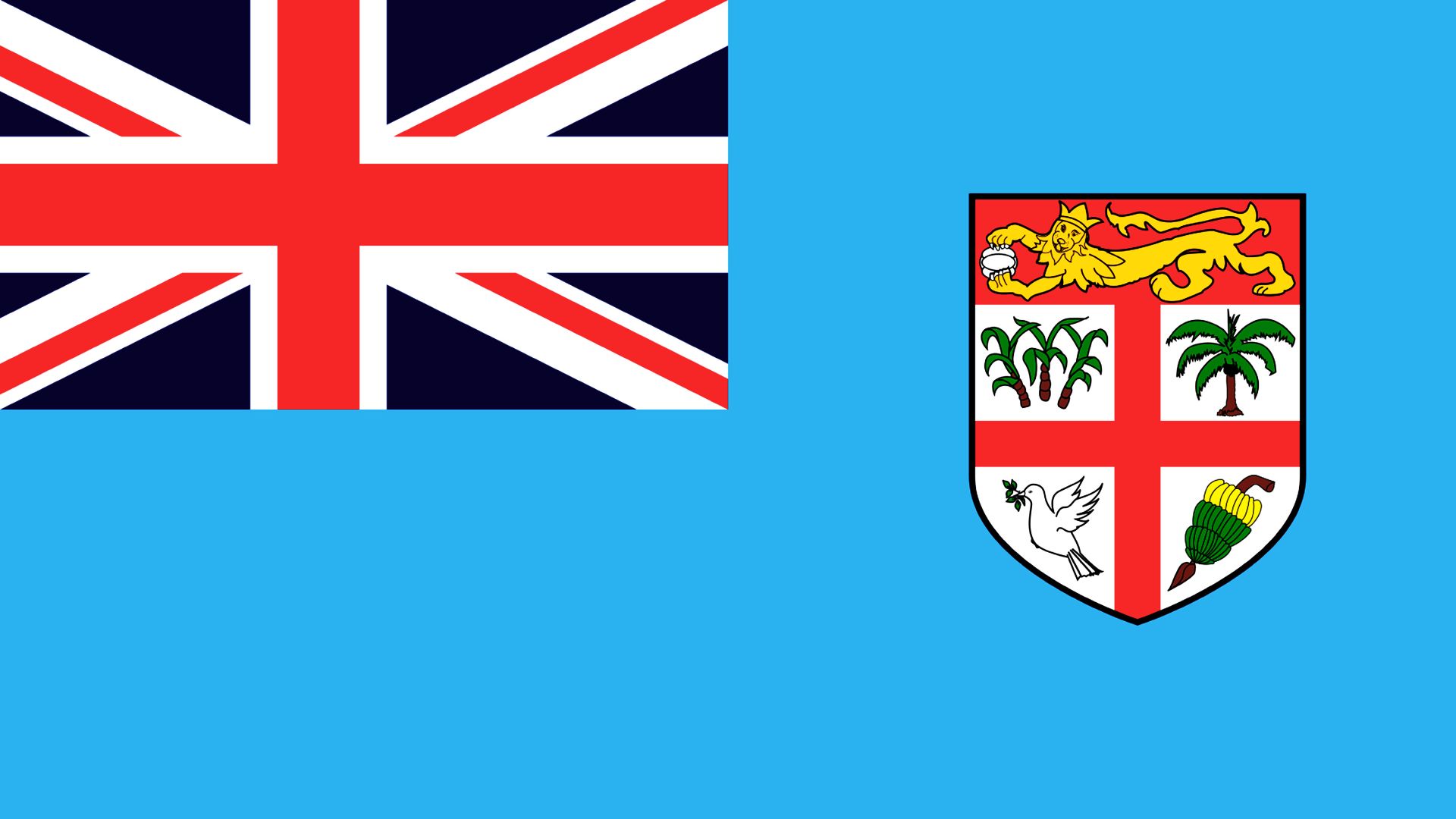 A bandeira das ilhas Fiji atual é similar à bandeira colonial usada antes da independência, as maiores diferenças são o uso, na versão atual, de um tom mais escuro de azul e apresentação do Brasão de Armas das ilhas Fiji por inteiro, e não apenas o escudo.