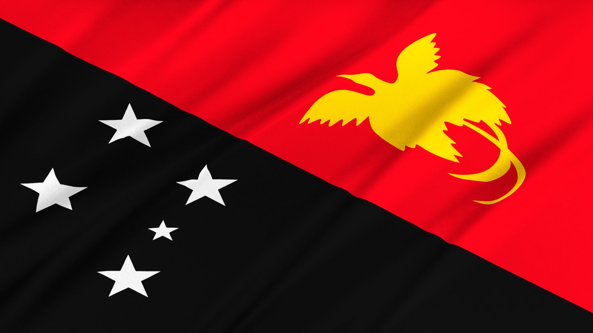A bandeira Papua-Nova Guiné possui as cores preto e vermelho. O preto traz um Cruzeiro do Sul e na parte vermelha apresenta-se uma ave da espécie Paradisaea raggiana.
