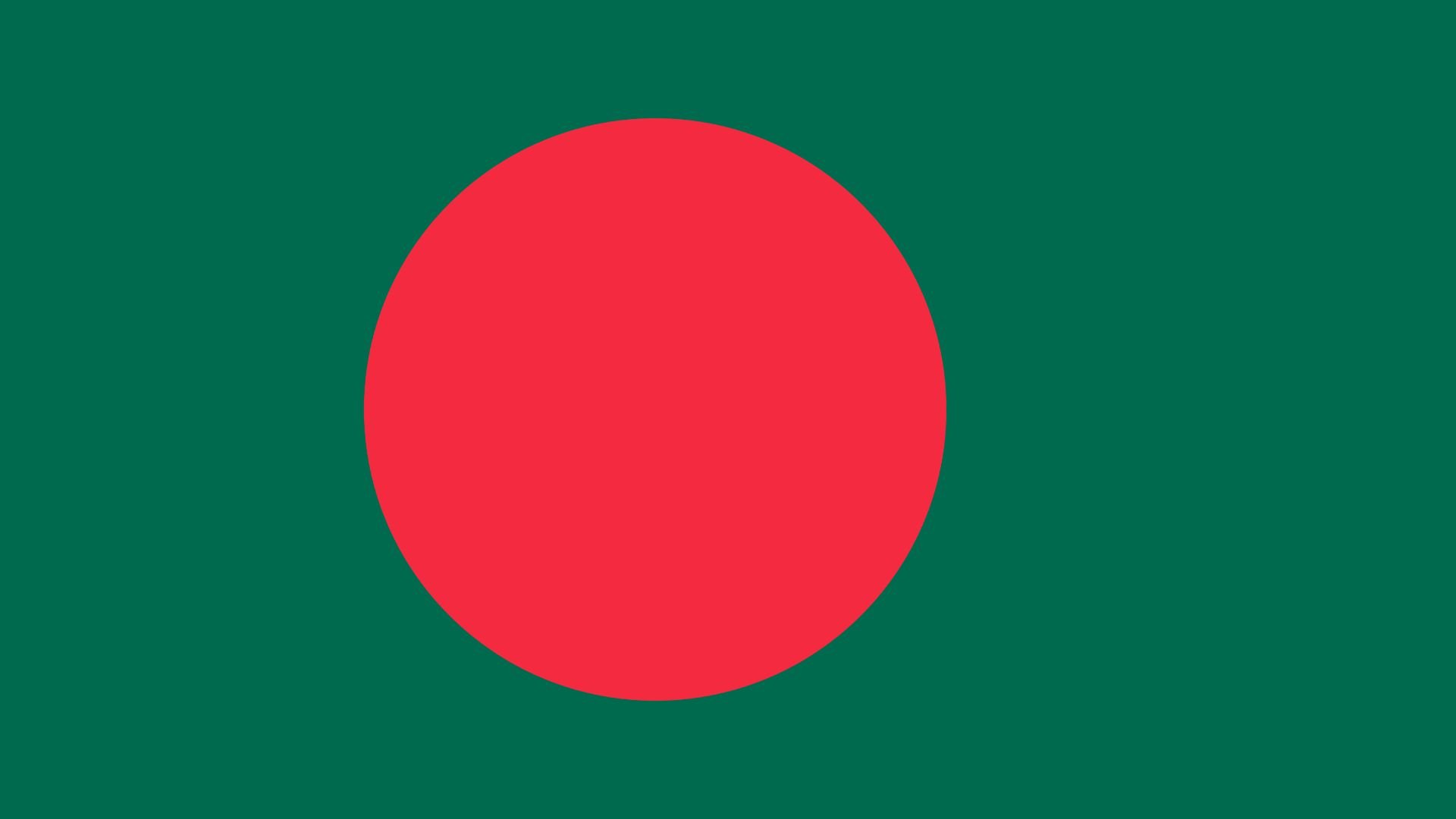 A bandeira do Bangladesh traz as cores vermelho e verde e lembra a do Japão. O disco vermelho no centro, representa o sol e também simboliza o sangue dos que tombaram pela independência do Bangladesh. O fundo verde representa a exuberante terra do país.