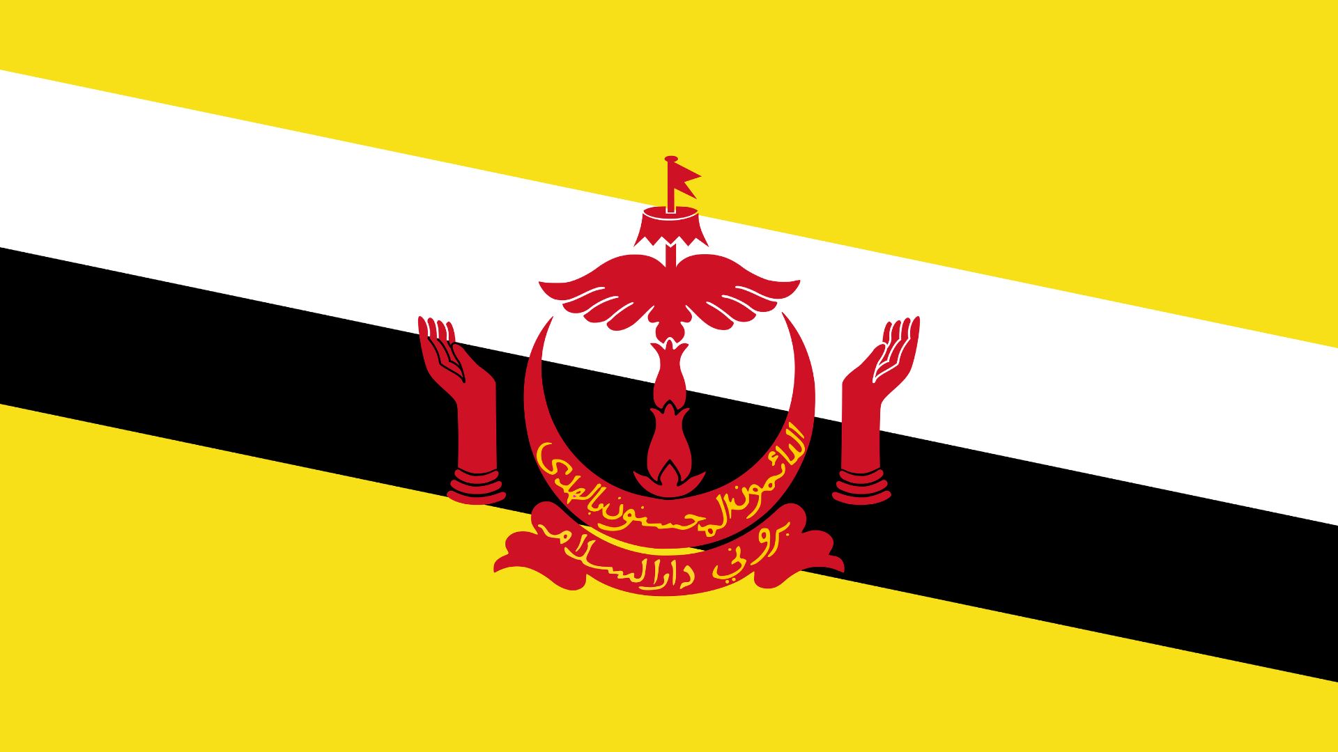 A bandeira do Brunei é composta pela cor amarela atravessada no sentido do canto superior esquerdo para o canto inferior direito e por duas listras, uma na cor preta e outra na cor branca (a branca por cima) e ao centro, o escudo do país.