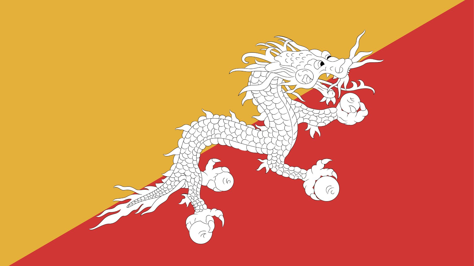A bandeira do Butão consiste em um retângulo dividido diagonalmente do canto inferior esquerdo para o canto superior direito. No centro há um dragão brando que leva consigo quatro joias. Na parte inferior direita, em laranja, e no lado oposto, em amarelo.