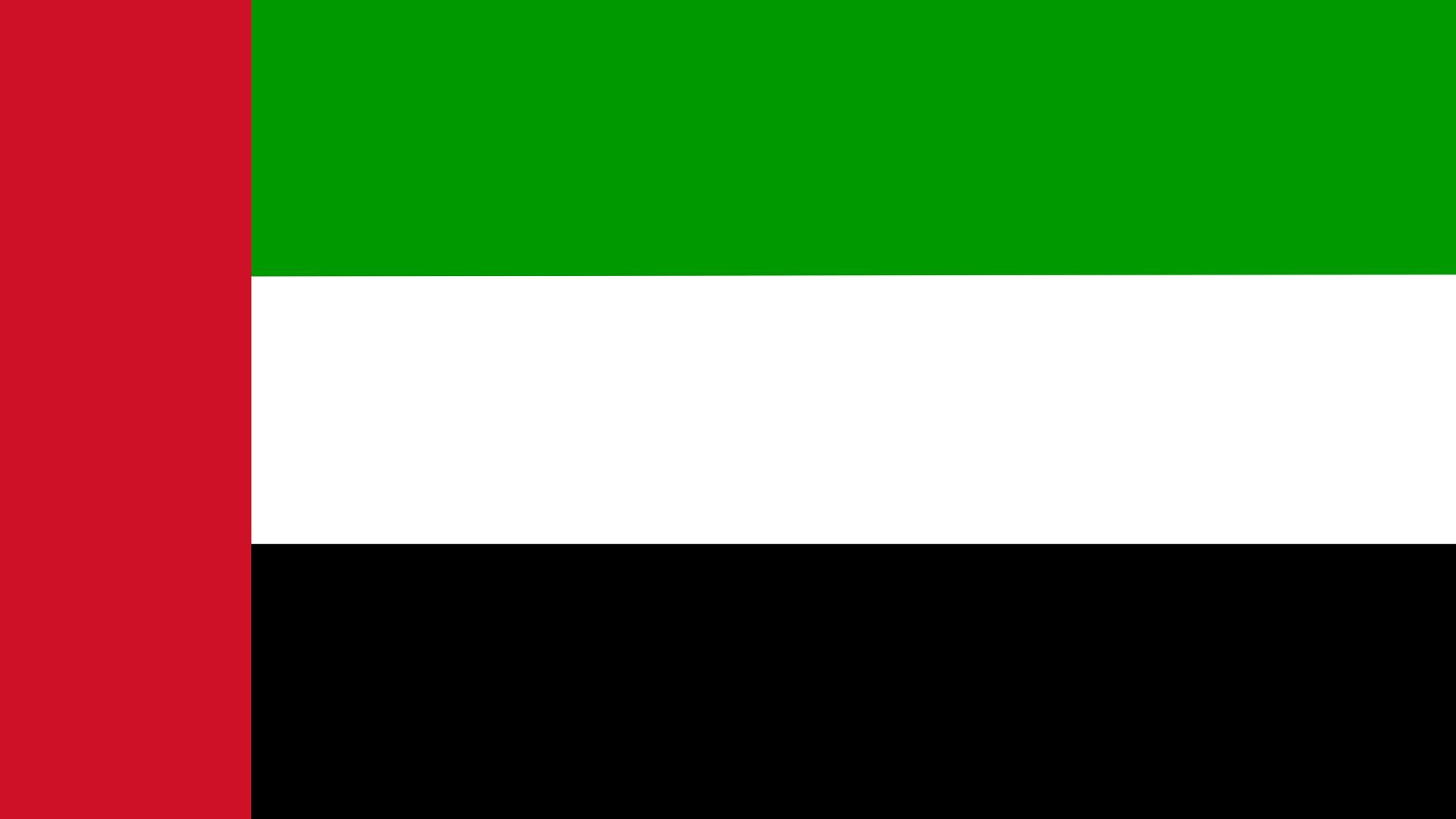 A bandeira dos Emirados Árabes Unidos contém as cores Pan-Arábes vermelho, verde, branco e preto, simbolizando a unidade Arábica.