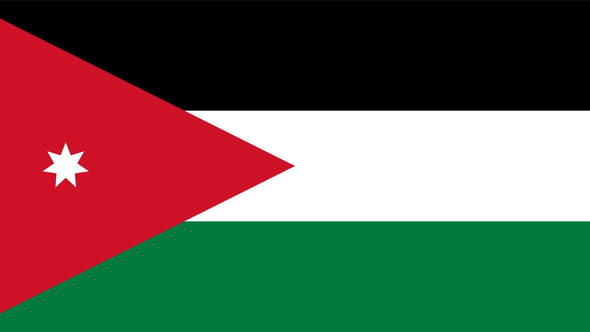 A bandeira da Jordânia consiste em três faixas horizontais (preto, branco e verde), todas conectadas por um triângulo vermelho na borda horizontal. As cores horizontais representam os califados Abássida, Omíada e Fatímida.