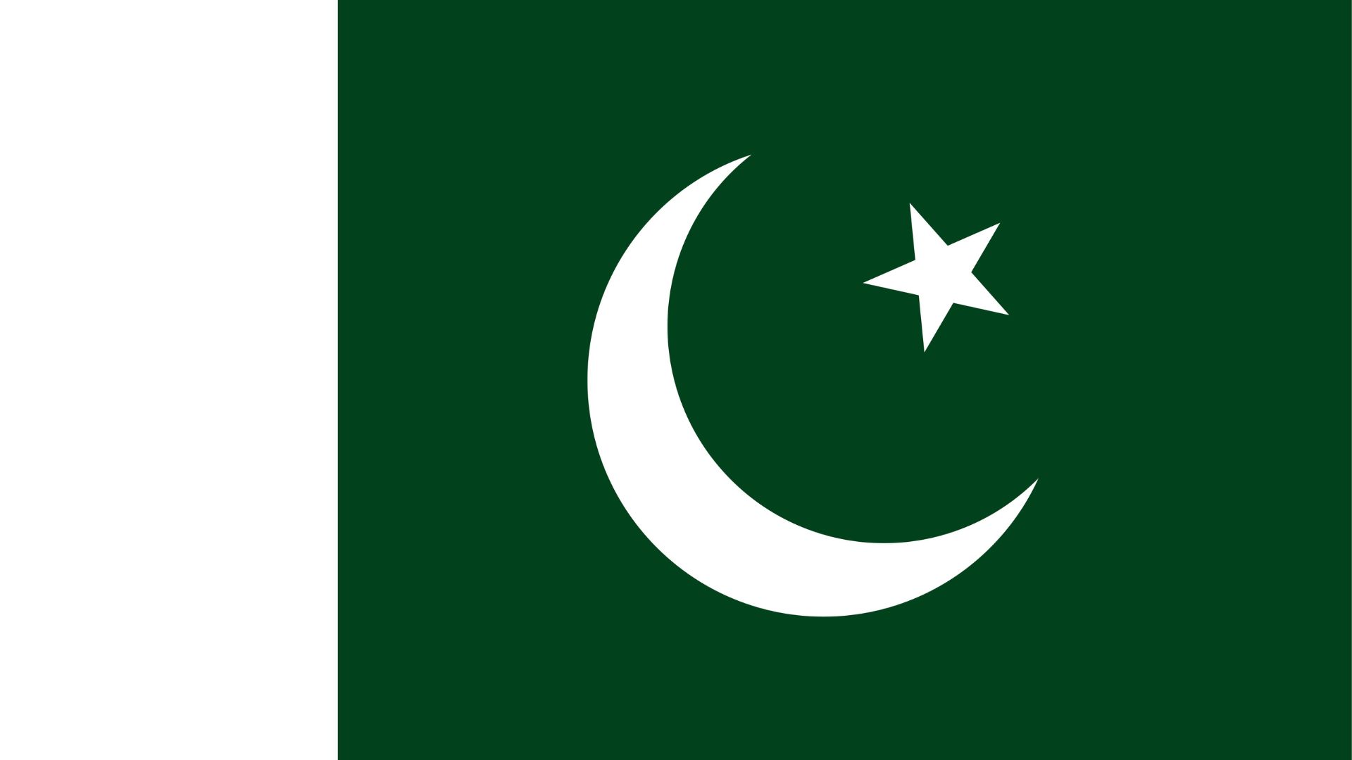 A bandeira do Paquistão consiste de um campo verde escuro, com uma faixa branca no lado do haste. No centro, há uma lua crescente branca  e uma estrela de cinco pontas.