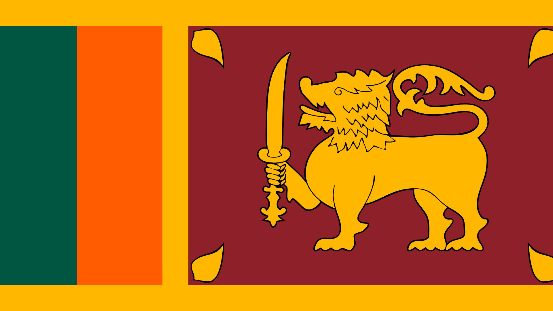A bandeira do Sri Lanka é composta por uma leão amarelo  em um fundo vermelho-escuro. Ao redor do fundo existe uma moldura amarela e a sua esquerda existem duas listras verticais nas cores laranja e verde.