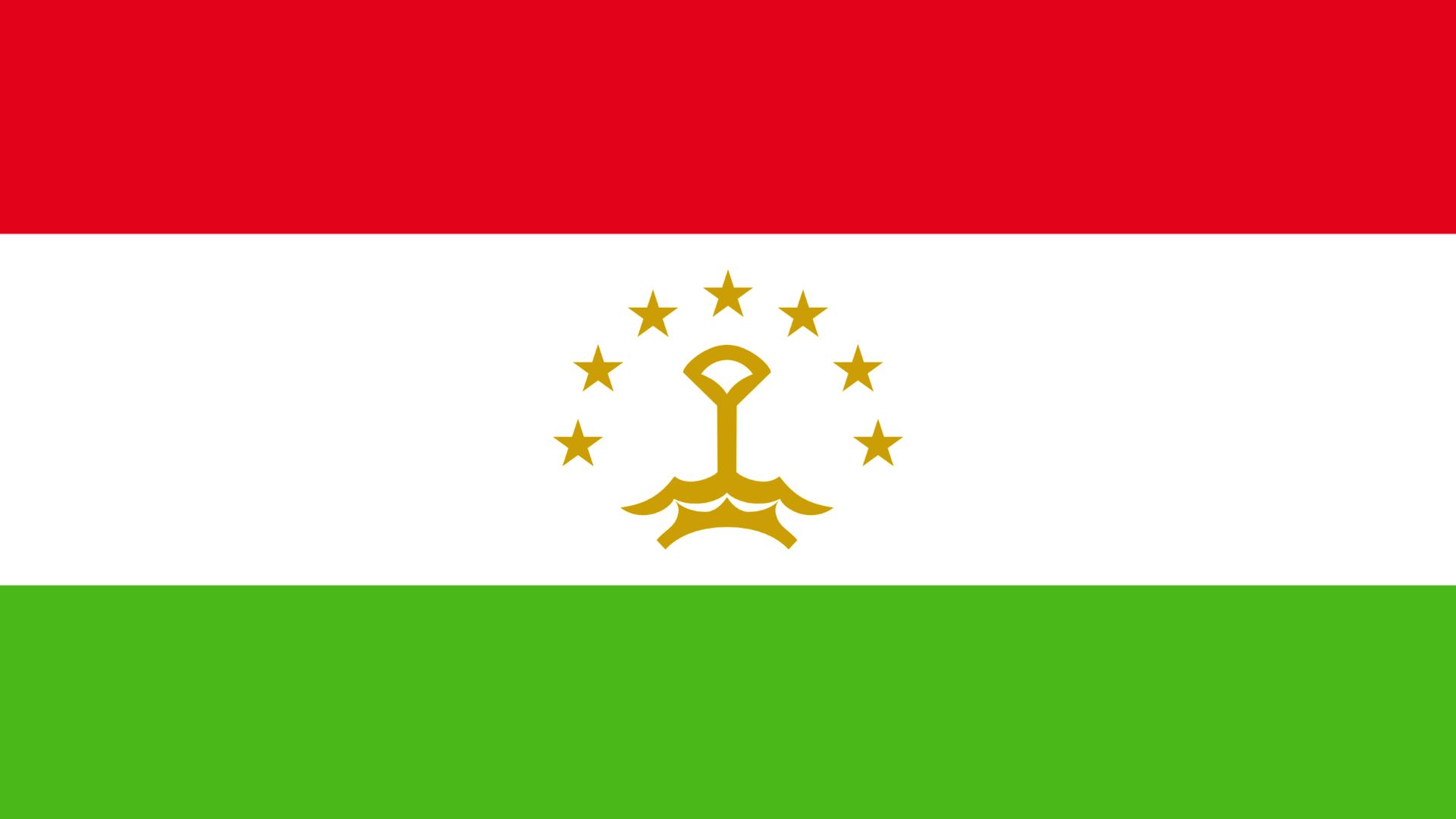A bandeira do Tajiquistão é composta por três faixas horizontais nas cores vermelho, branco e verde. No centro da faixa branca está o emblema dourado que consiste em uma coroa rodeada por sete estrelas de cinco pontas formando um semicírculo.