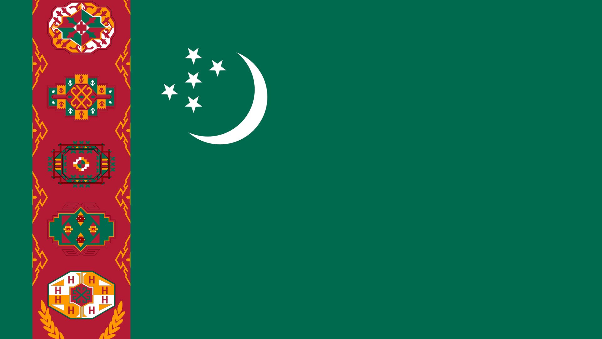 A bandeira do Turcomenistão, traz a cor verde e a lua crescente do islã que representam a fé do povo turcomeno e a esperança de um mundo melhor. Já as estrelas simbolizam as cinco regiões do país.