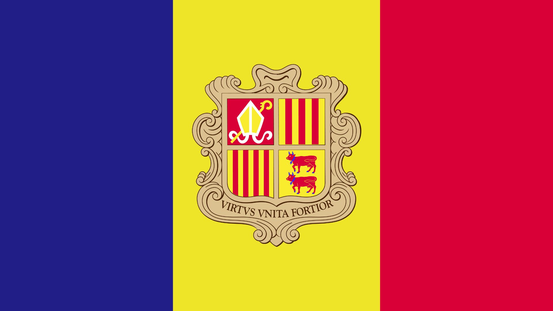 A bandeira de Andorra consiste de um tricolor vertical de azul, amarelo e vermelho, sendo a faixa amarela ligeiramente mais larga que as outras duas, com o brasão de armas da Andorra no centro.