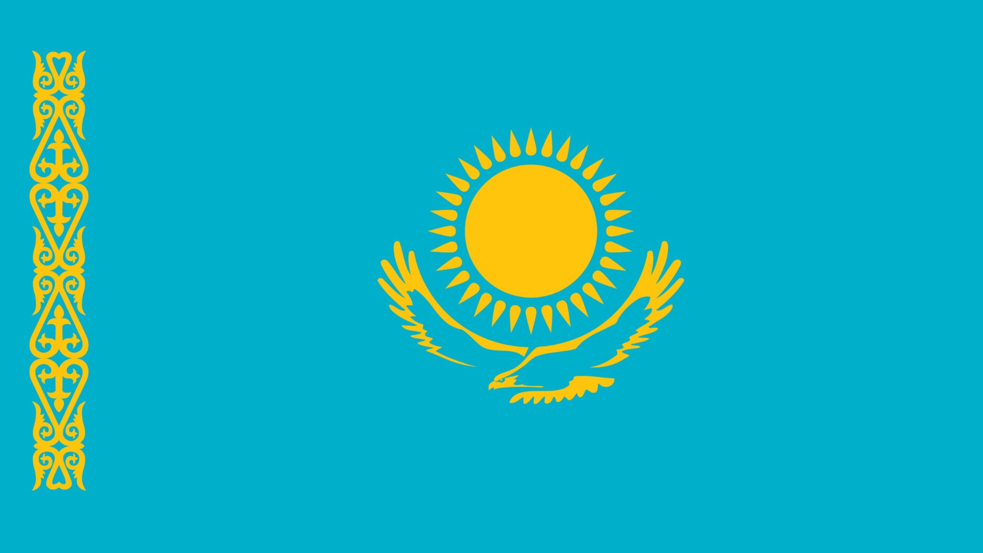 A bandeira do Cazaquistão consiste de um fundo de cor azul-celeste com uma águia e um sol dourado cercado por 32 raios ao centro.