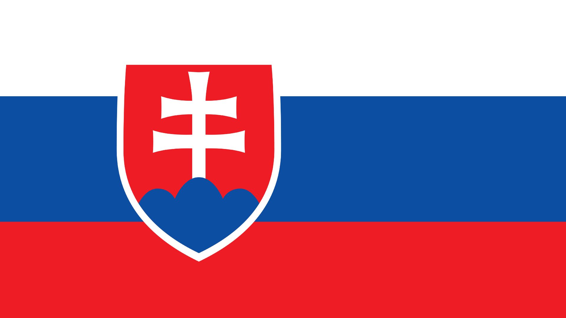 A bandeira da Eslováquia é composta por três faixas horizontais. A faixa superior é de cor branca, a central é azul e a inferior é de cor vermelho escuro. Na parte central da bandeira, aparece o brasão nacional.