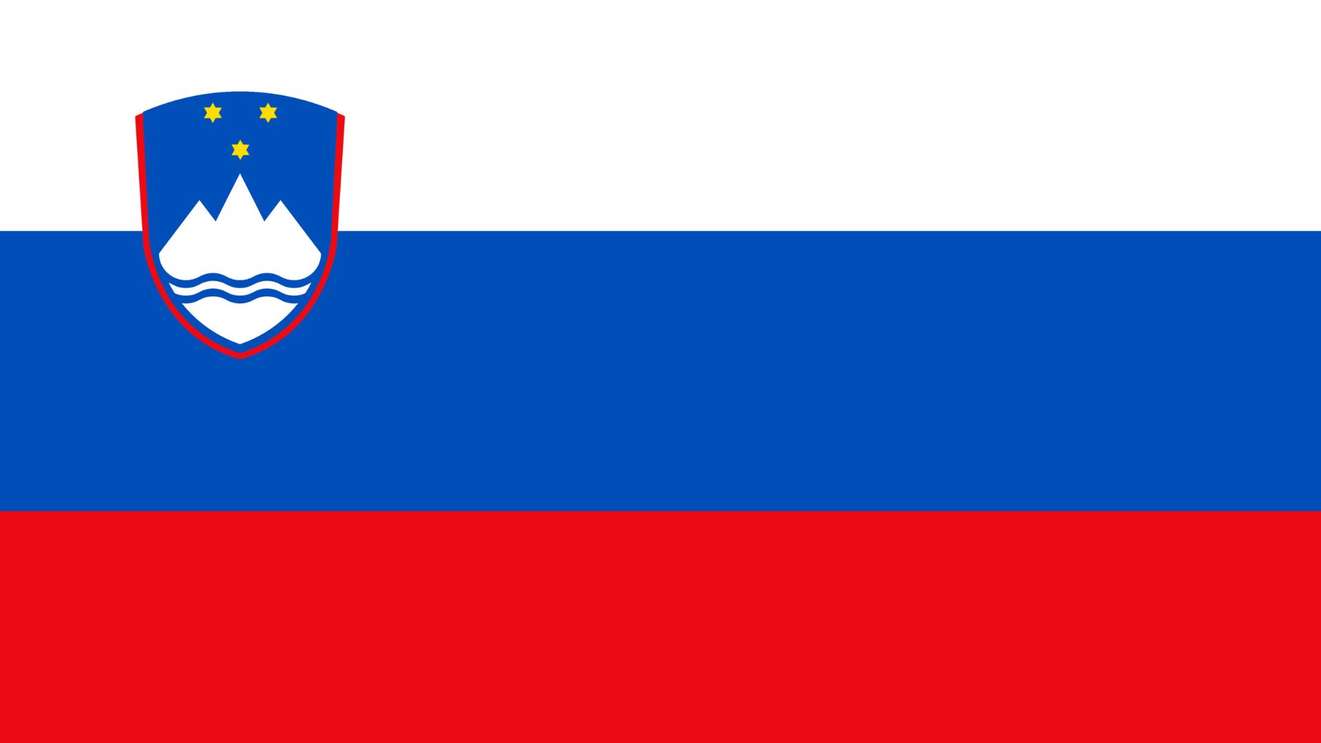 A bandeira  da Eslovénia possui três faixas horizontais iguais nas cores: branco (topo), azul e vermelho, com o brasão de armas esloveno localizado na parte superior do retângulo entre as faixas branca e azul.