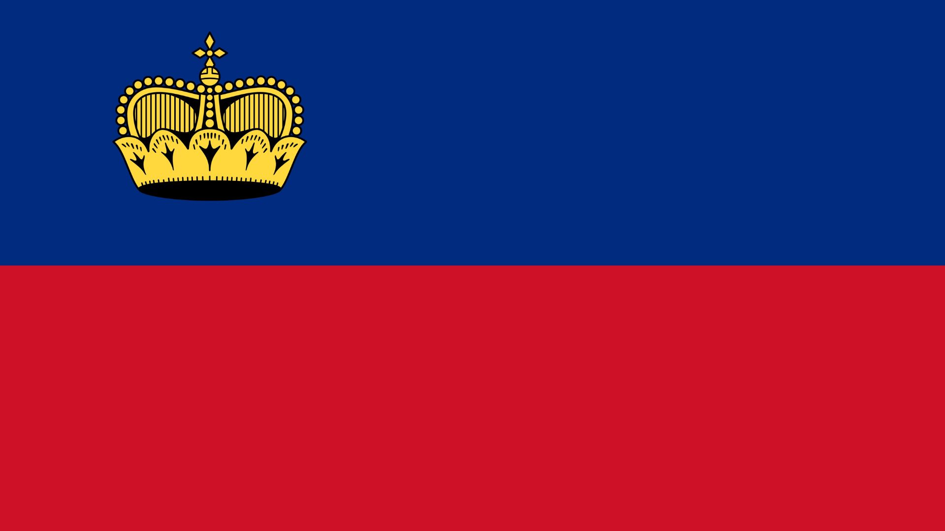 A bandeira de Liechtenstein consiste de dois campos horizontais iguais em azul e vermelho, com uma coroa dourada do lado da tralha do campo azul.