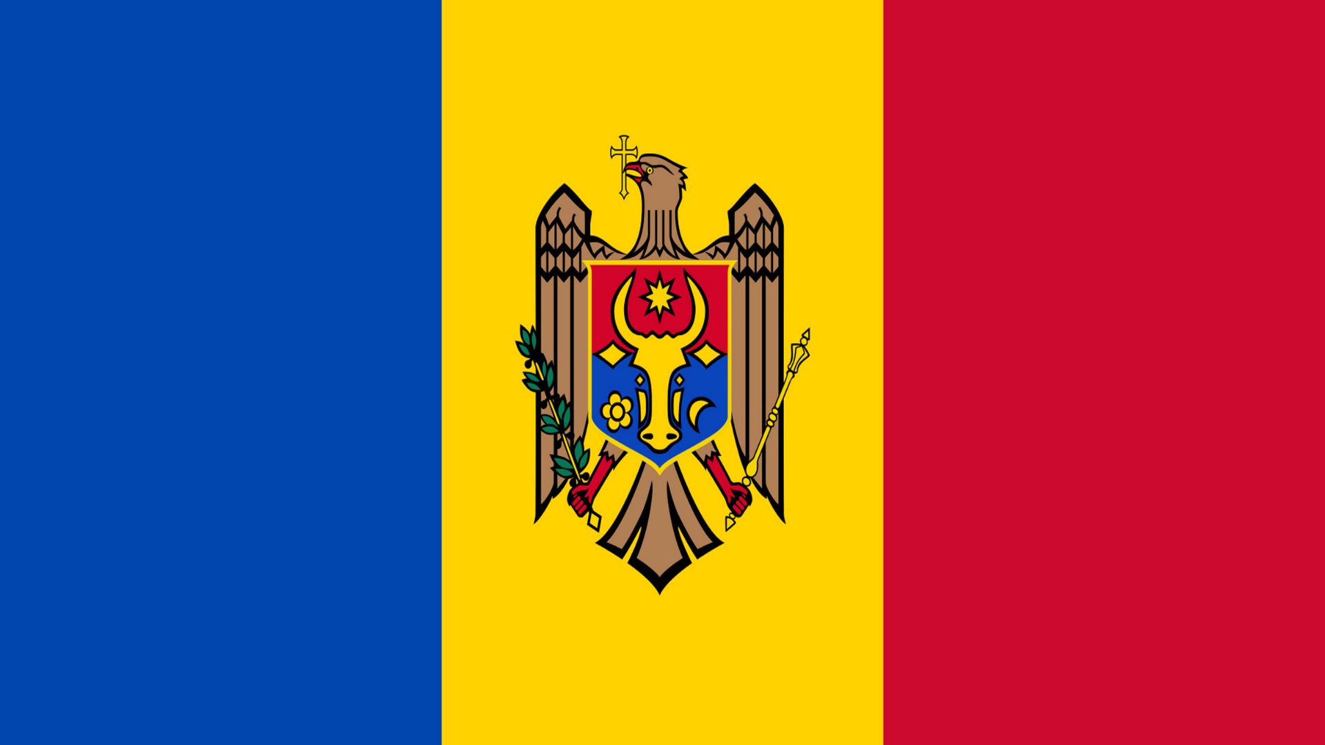 A bandeira da Moldávia possui três cores, que são o azul (que significa o mar), o amarelo (que significa o trigo e a cevada) e o vermelho (que significa o sangue derramado nas invasões). No centro, inclui o seu brasão de armas (uma águia que suporta um escudo com a imagem de uma cabeça de boi) para a distinguir da bandeira da Roménia.