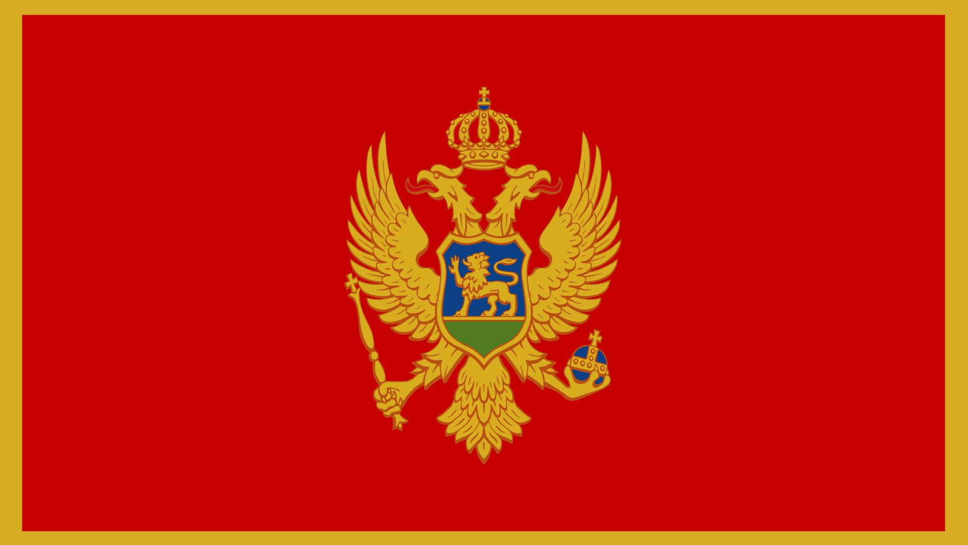 A bandeira do Montenegro aparece descrita é vermelha e traz uma figura na sua parte central, que é o escudo do Montenegro, adaptado em 1993.