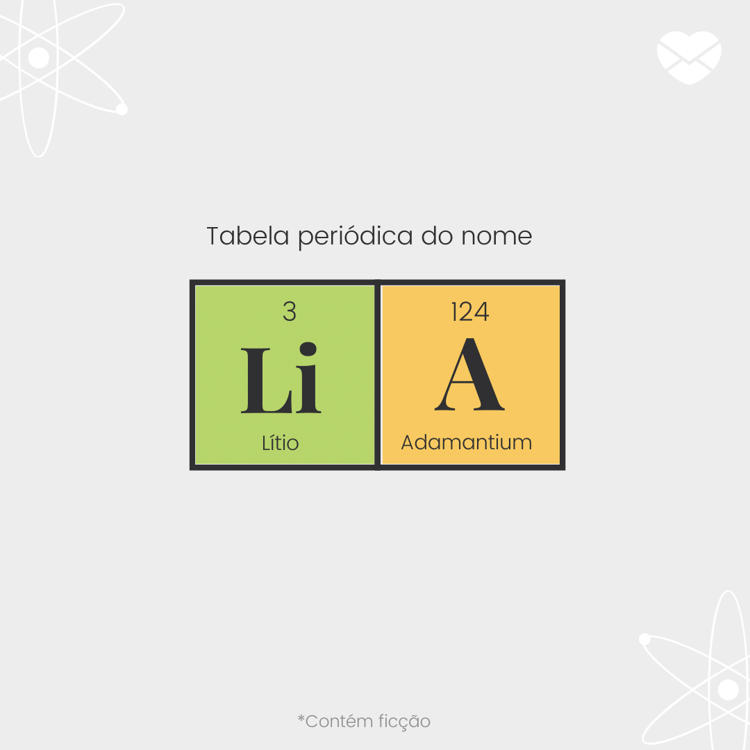 'O significado do nome Lia na Tabela Períodica:  (Li) Lítio, (A) Adamantium' - Significado do nome Lia