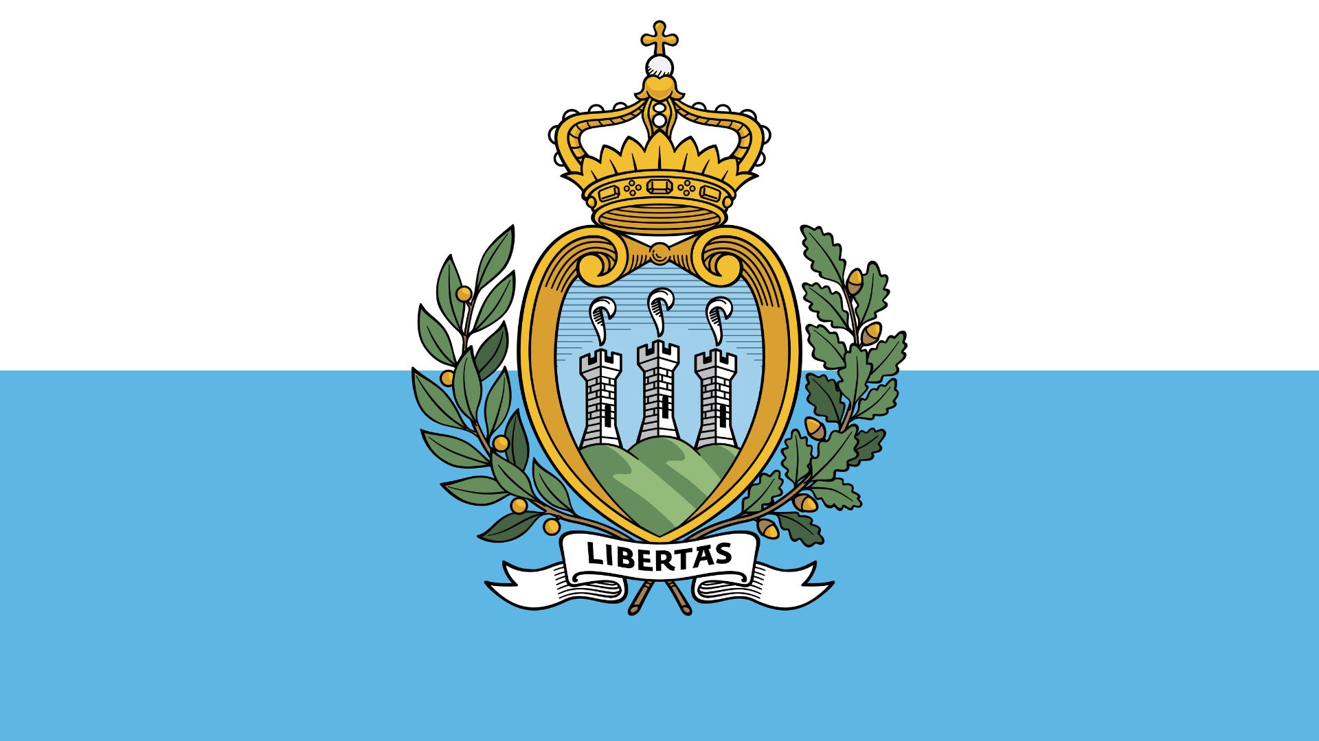 A bandeira de São Marinho possui duas cores na horizontal: o branco, na parte superior e o ciano na parte inferior, com o brasão de armas nacional sobreposto ao centro.