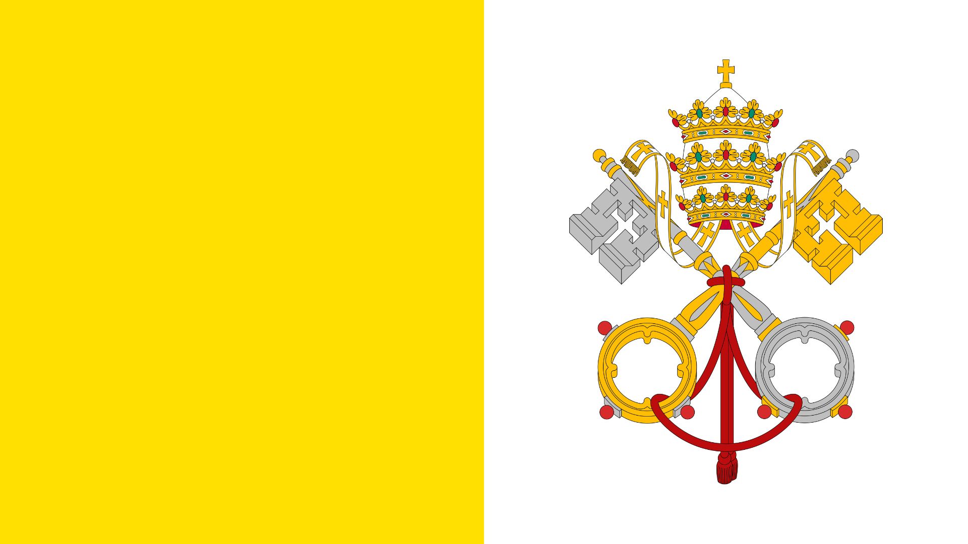 A bandeira do Vaticano consiste de duas faixas verticais, nas cores amarelo e branco, com o brasão de armas do Vaticano centrado na faixa de cor branca.
