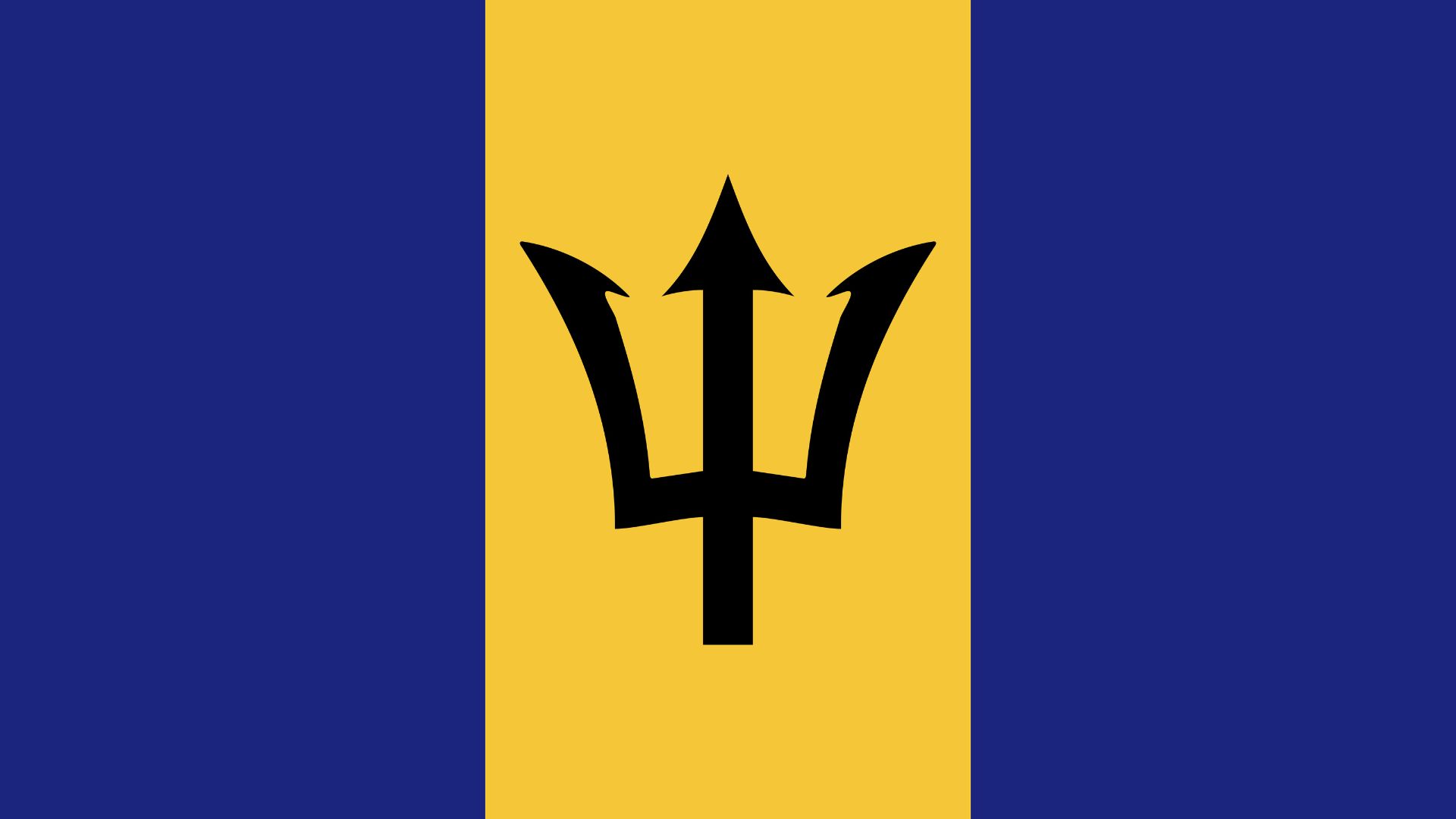 A bandeira de Barbados consiste de duas listras verticais azuis separadas por uma dourada, que contém um tridente negro.