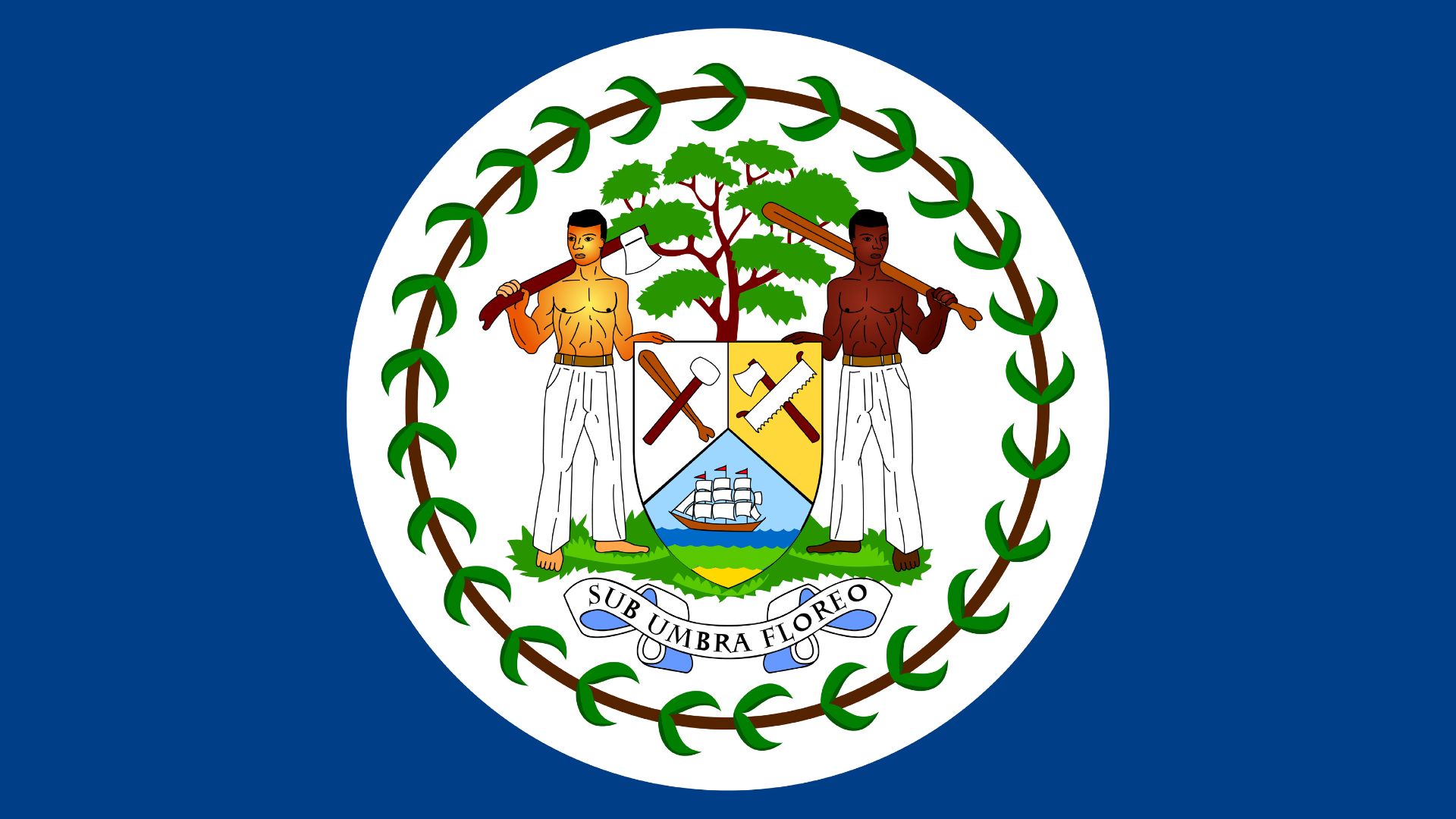 A bandeira de Belize possui duas listas vermelhas em cima e em baixo e um fundo azul. No centro da bandeira está o brasão de armas do Belize.