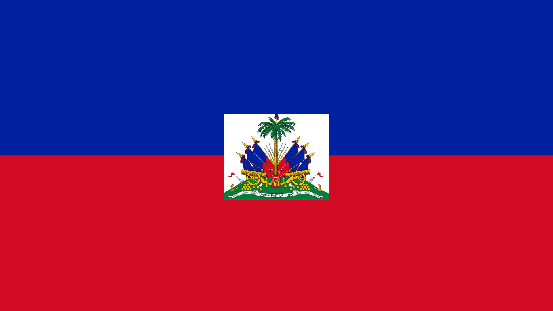 A bandeira do Haiti possui duas cores dispostas em faizas na horizontal. São elas: vermelho e azul. No centro, o brasão do país.