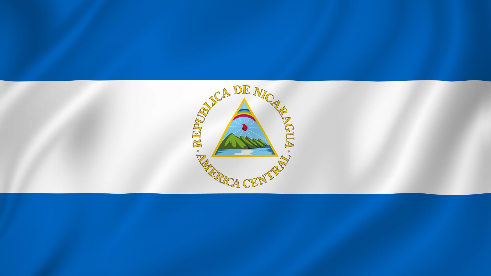 Bandeira da Nicarágua é formada por três linhas horizontais iguais, as duas exteriores de cor azul e a central de cor branca.  No centro está o escudo nacional, que consiste em um triângulo com cinco vulcões verdes, sobre esses um gorro e um arco-íris.