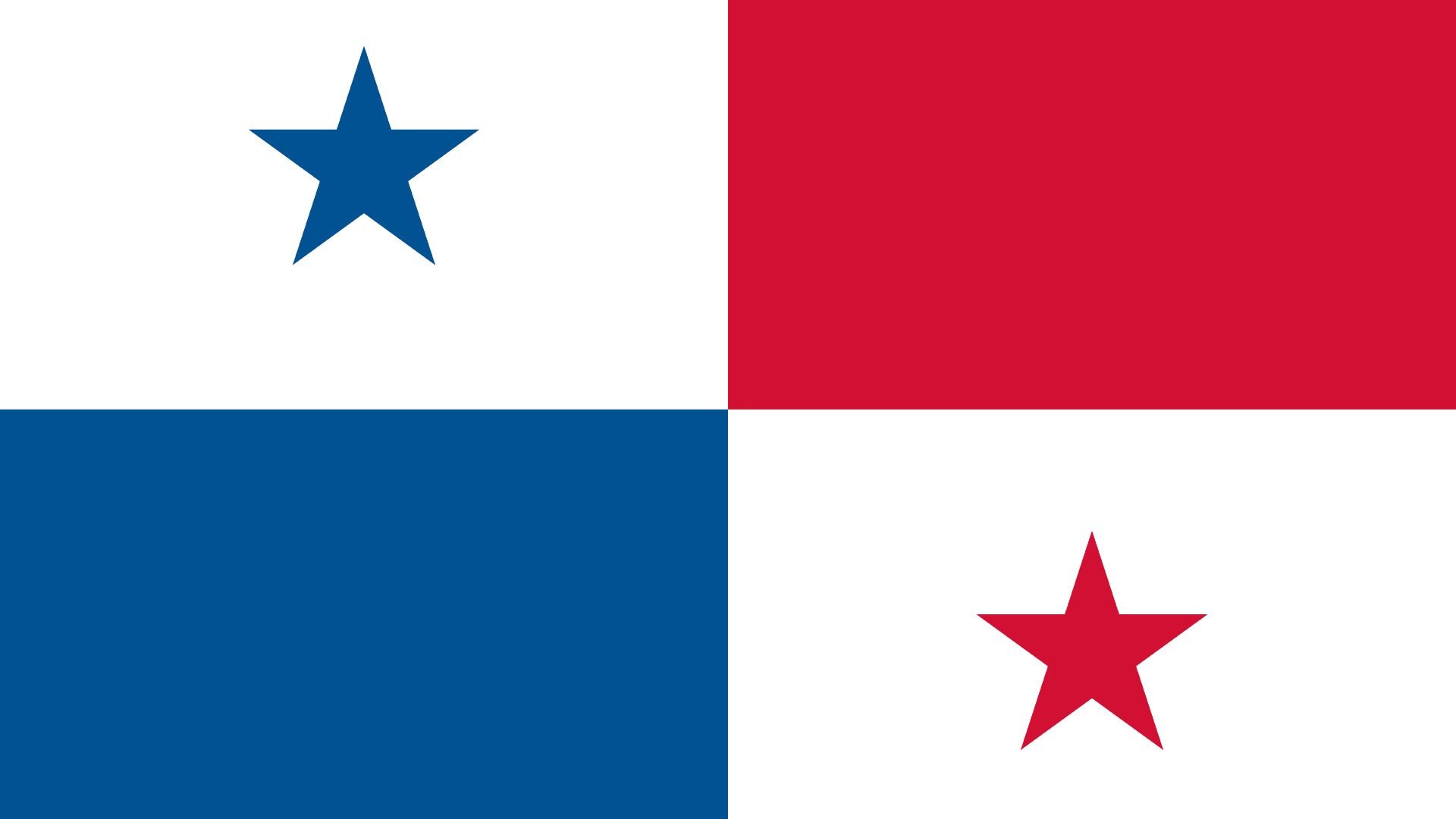 A bandeira do Panamá consiste em um retângulo dividido em quatro partes iguais, onde o canto superior esquerdo possui uma estrela azul de cinco pontas sobre um fundo branco, o canto superior direito é vermelho, o canto inferior esquerdo é azul, e a parte inferior direita possui uma estrela de cinco pontas vermelha sobre fundo branco.