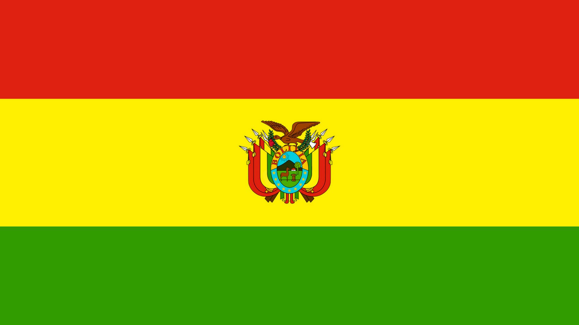 A bandeira  da Bolívia consiste de listras horizontais de vermelho, amarelo e verde e contém o brasão de armas da Bolívia no centro. A bandeira nacional omite o brasão.