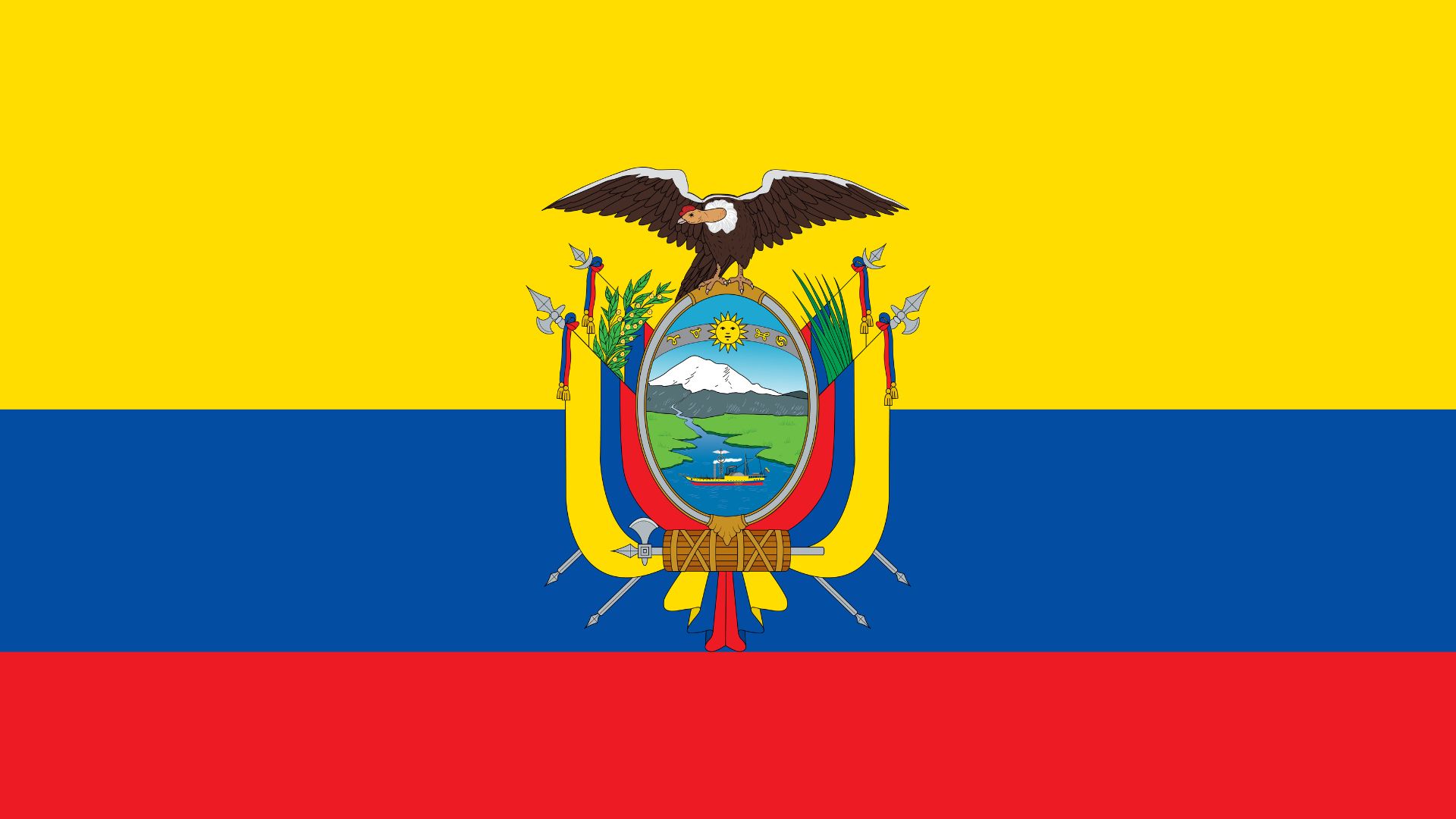 A bandeira do Equador consiste em três faixas horizontais nas cores amarelo azul e vermelho, com o brasão nacional ao centro.