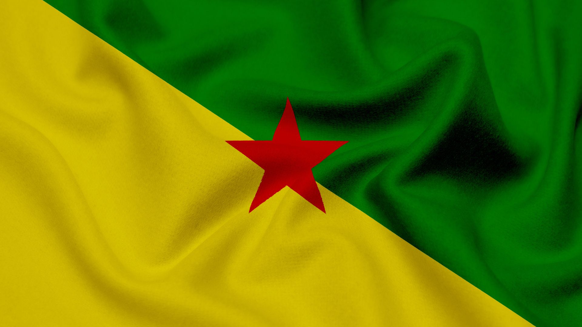 A bandeira da Guiana Francesa possui três cores: verde, amarelo e vermlho. Ao centro temos uma estrela de cinco pontas.