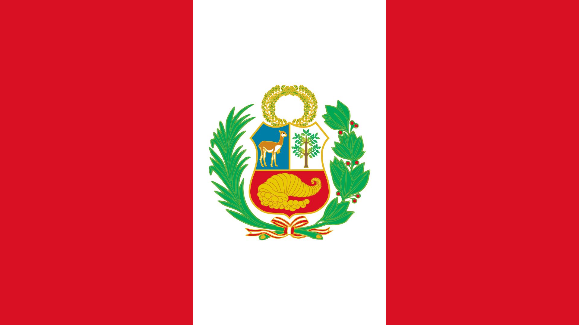 A bandeira do Peru consiste de uma base vertical de três listras verticais de igual tamanho, sendo as bandas extremas de cor vermelha e a central de cor branco.