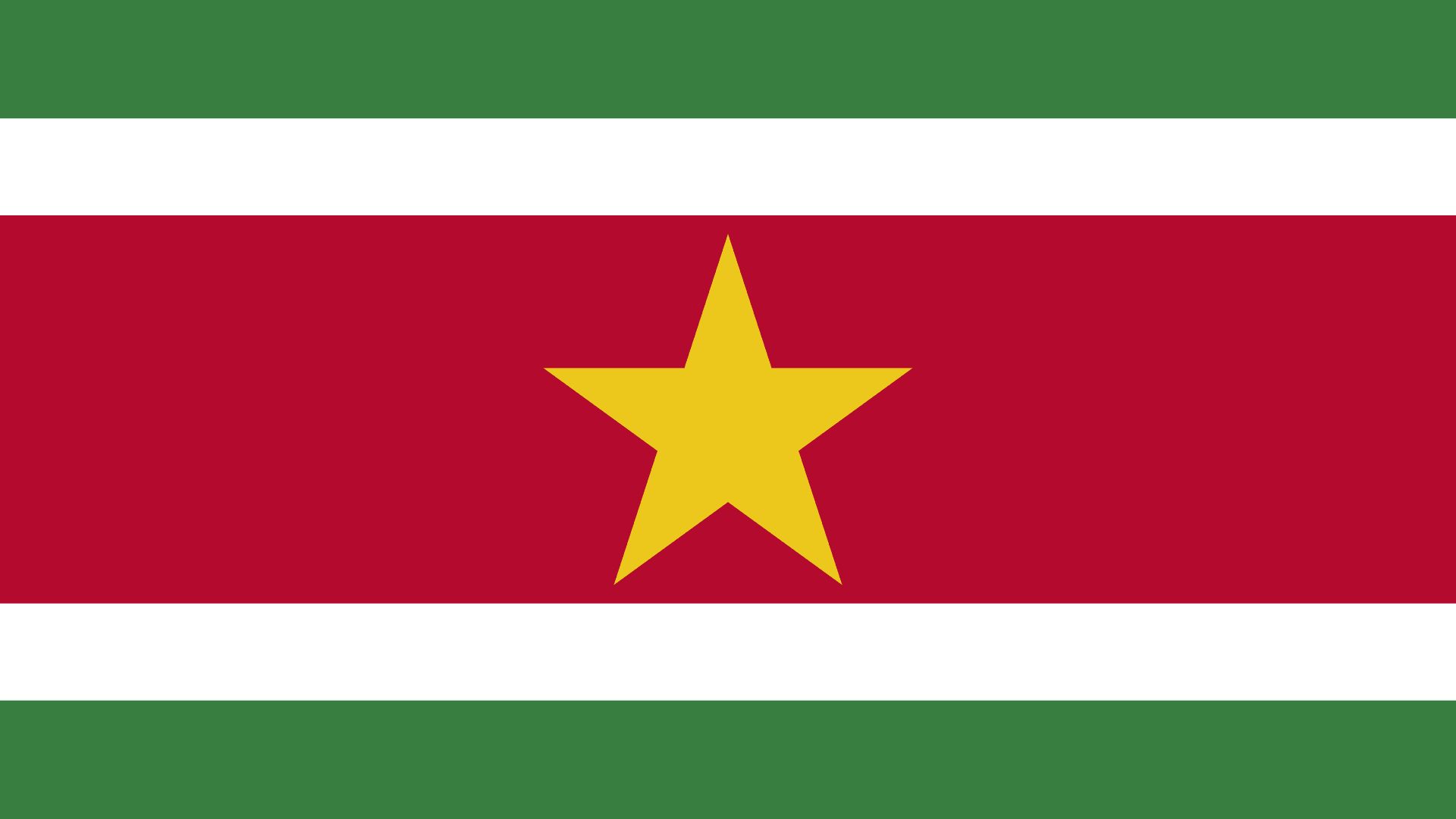A bandeira do Suriname é formada por cinco listras horizontais de cores: verde, branco, vermelho, branco e verde. Ela conta também com uma estrela dourada de cinco pontas localizada no centro da bandeira.