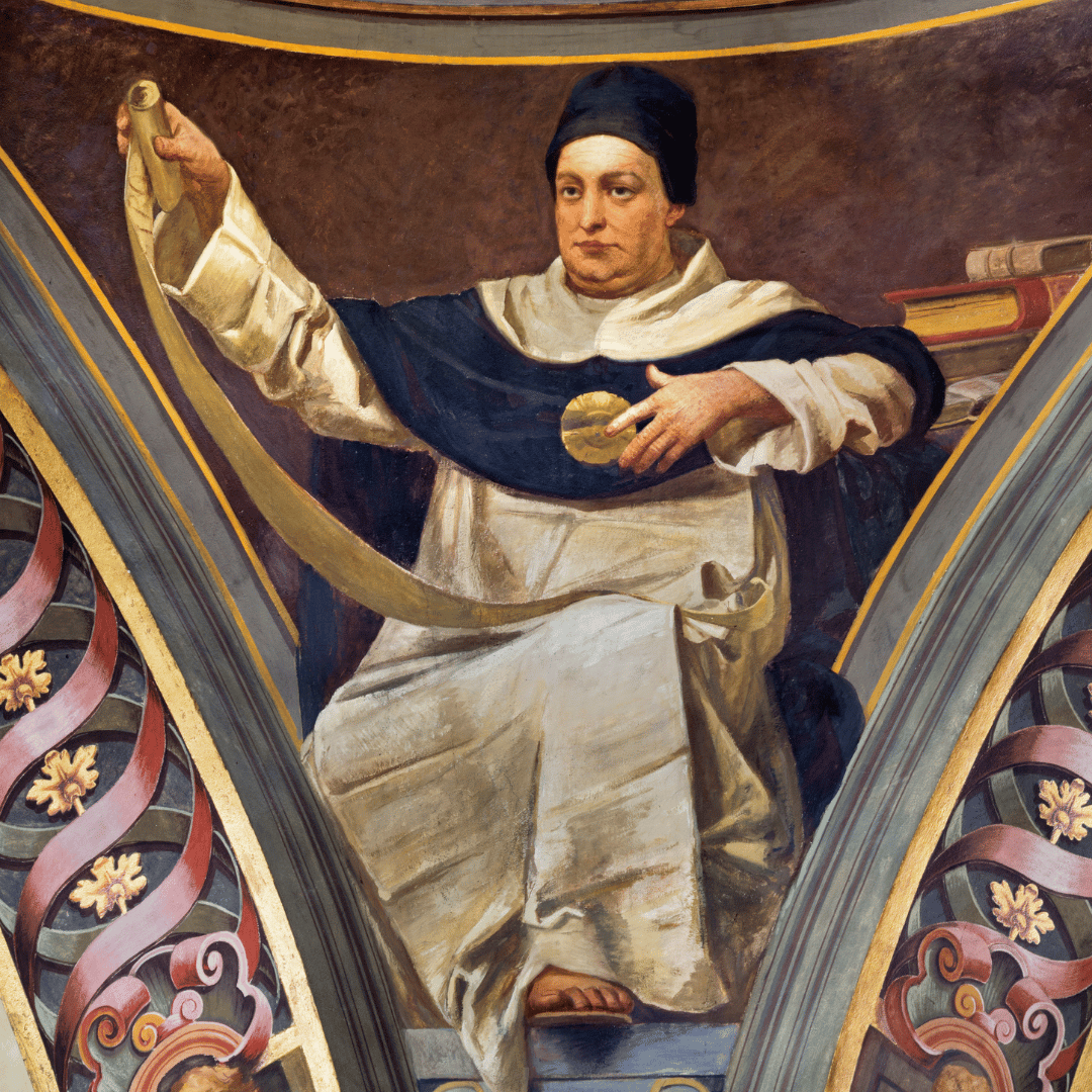 Pintura de São Tomás de Aquino na cúpula da Igreja Basílica de São Prospero por C. Manicardi, G. Ferrari and A. Lugli (1884-1885).
