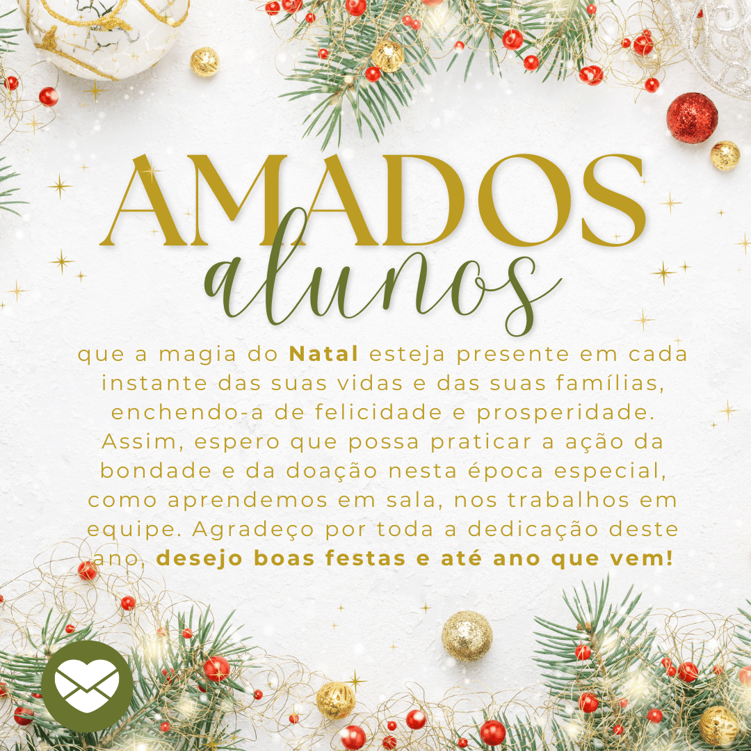 'Amados alunos, que a magia do Natal esteja presente em cada instante das suas vidas e das suas famílias, enchendo-a de felicidade e prosperidade. Assim, espero que possa praticar a ação da bondade e da doação nesta época especial, como aprendemos em sala, nos trabalhos em equipe. Agradeço por toda a dedicação deste ano, desejo boas festas e até ano que vem!'