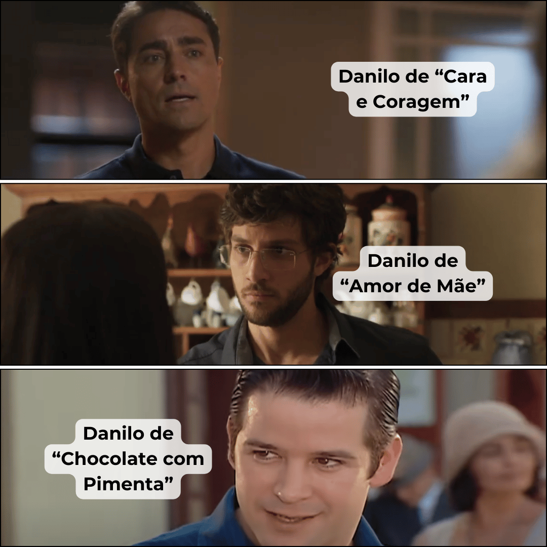 Montagem com fotos dos atores Ricardo Pereira, Chay Suede e Murilo Benício atuando em diferentes novelas da Rede Globo.