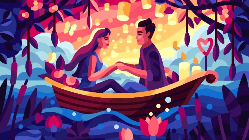 Ilustração de casal em barco com árvores e luzes flutuantes ao fundo