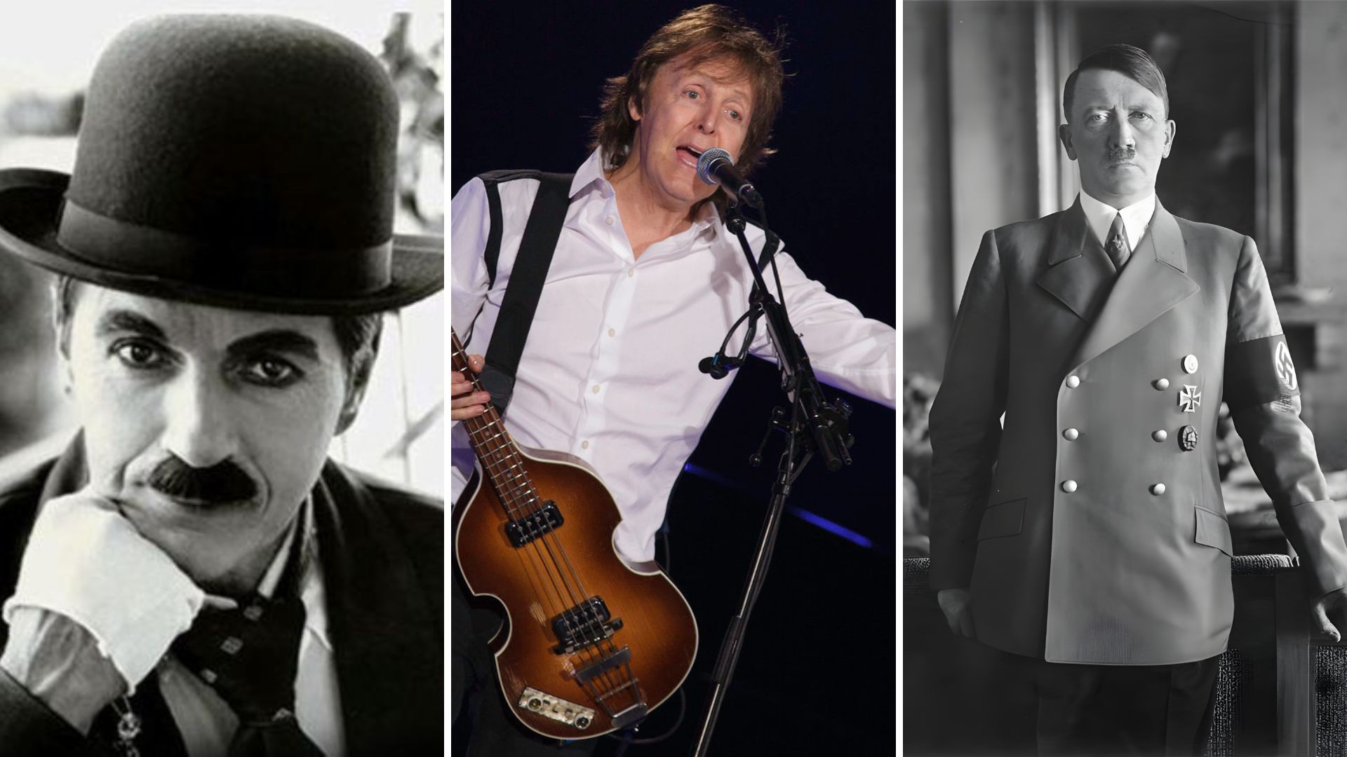 Imagem em gride de Charles Chaplin, Paul McCartney e Adolf Hitler